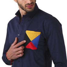 Load image into Gallery viewer, E-1461 Men&#39;s Solid Long Sleeve Special Edition Button Down Shirt Navy with Yellow &amp; Red Patch | Porto Blanco
