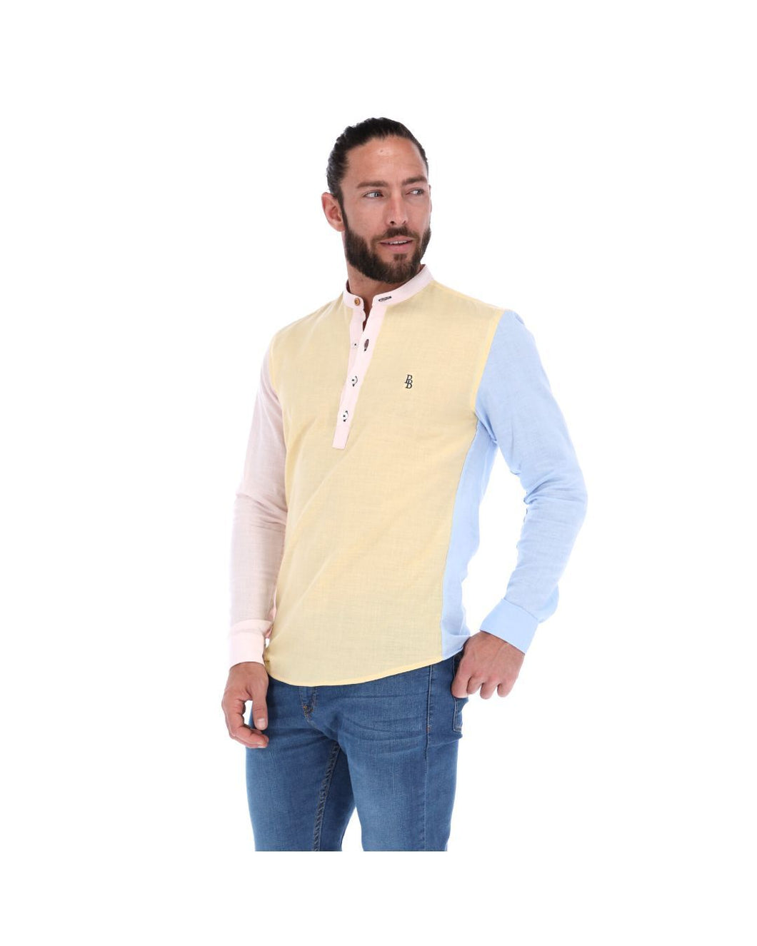 L-1629 Men's Patchwork Long Sleeve Button Down Shirt Yellow Blue & Pink