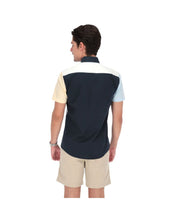 Load image into Gallery viewer, LMC-1555 Men&#39;s Patchwork Short Sleeve Button Down Shirt Blue Yellow &amp; White
