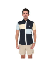 Load image into Gallery viewer, LMC-1555 Men&#39;s Patchwork Short Sleeve Button Down Shirt Blue Yellow &amp; White
