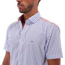 Load image into Gallery viewer, MC-1759 Men&#39;s Stripes Short Sleeve Button Down Shirt Blue Red &amp; White
