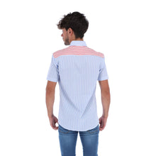 Load image into Gallery viewer, MC-1759 Men&#39;s Stripes Short Sleeve Button Down Shirt Blue Red &amp; White

