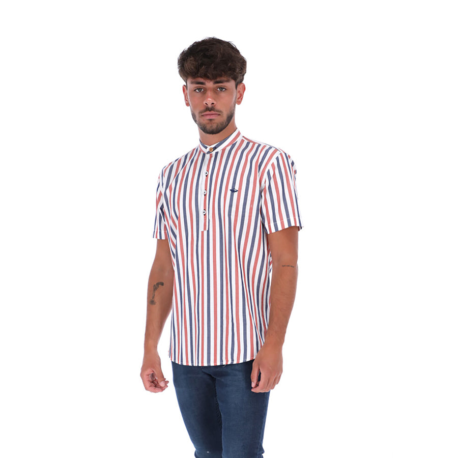 Special Edition Men's Short Sleeve Button Down Shirt Blue Red & White | Porto Blanco MCE-1754