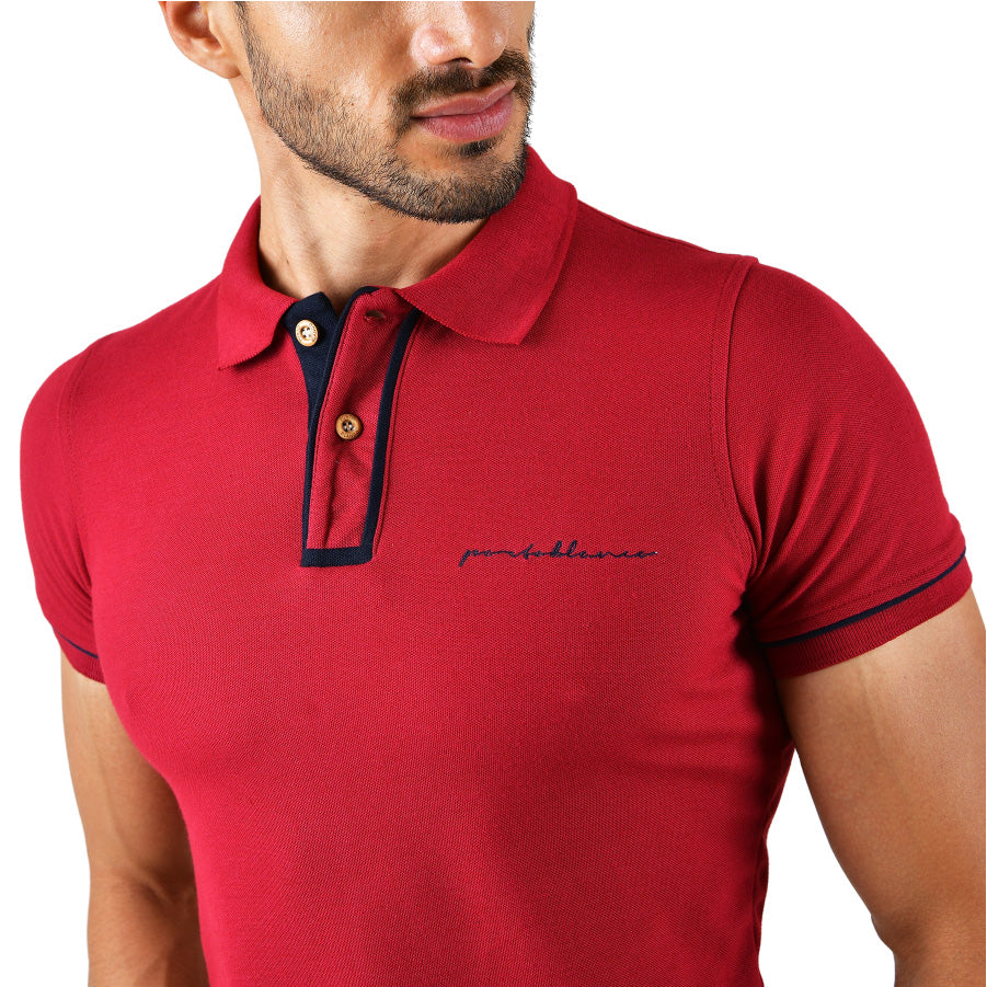 PL-948 Men's Solid Short Sleeve Polo Shirt Burgundy & Blue
