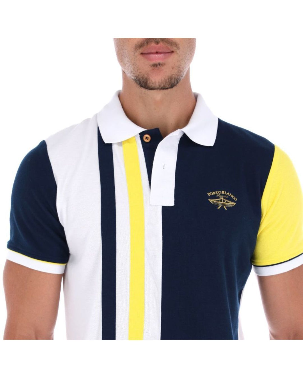 PLE-1584 Men's Patchwork Short Sleeve Polo Shirt White Blue & Yellow