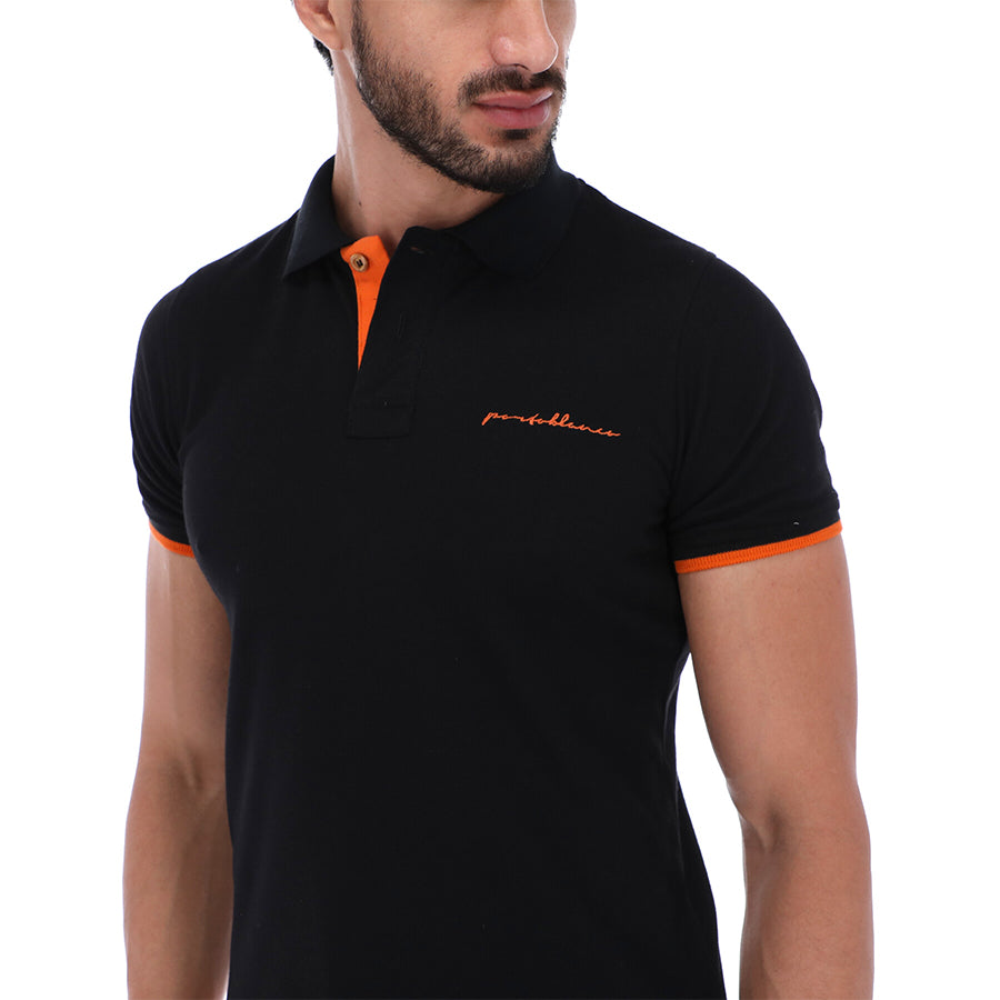 PLE-1725 Men's Solid Short Sleeve Polo Shirt Black & Orange
