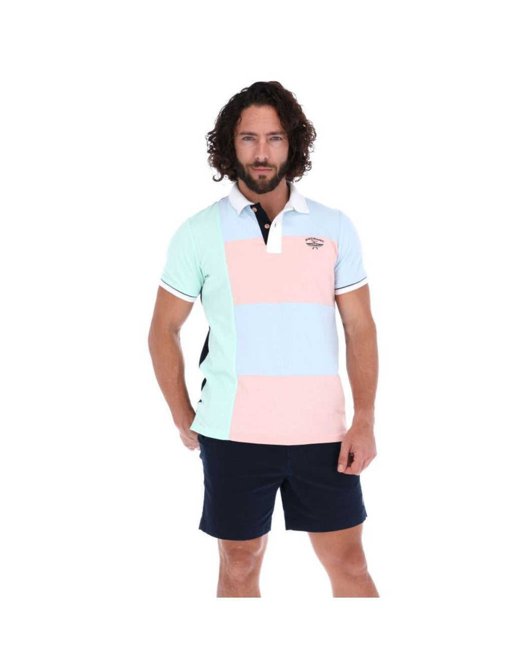 PLL-1521 Men's Patchwork Short Sleeve Polo Shirt Blue Pink & Green
