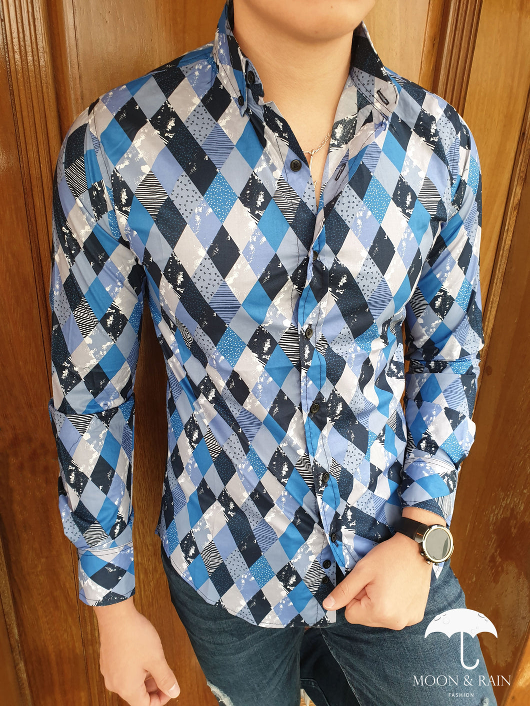 Diamonds | Blue Long Sleeve Button Down Shirt - Angelo's Men Boutique