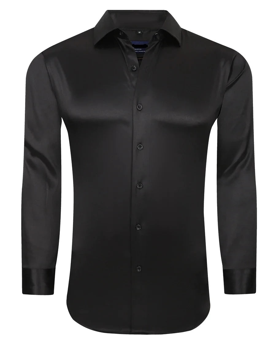 Black Shiny Sateen Luxury Stretch fabric Long Sleeve Shirt | SC721-Black