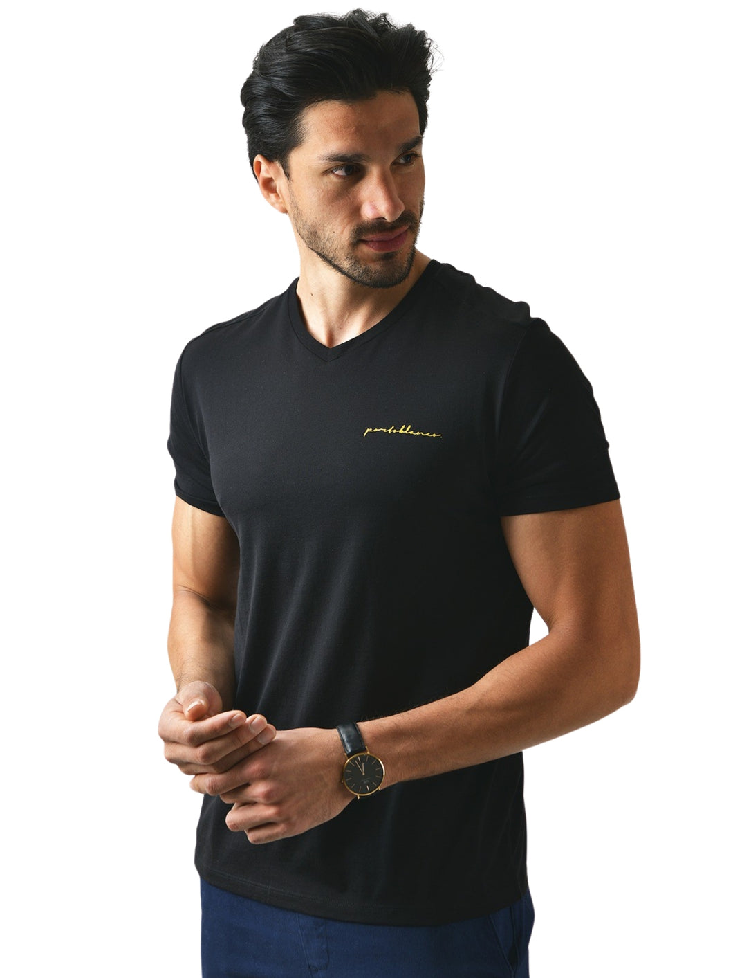 Porto Blanco Men's Solid Short Sleeve V-Neck T-Shirt Black / T-Shirt-03