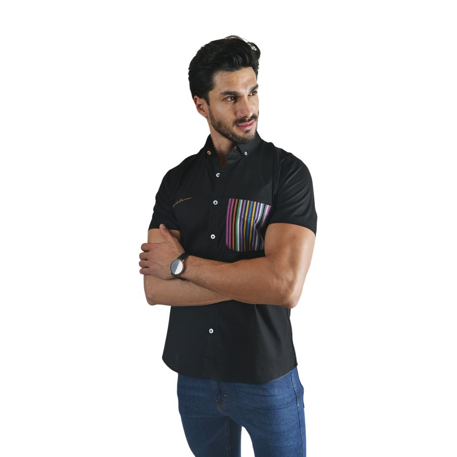 Men's Solid Short Sleeve Button Down Shirt Black Pink & Yellow | Porto Blanco MC-1421