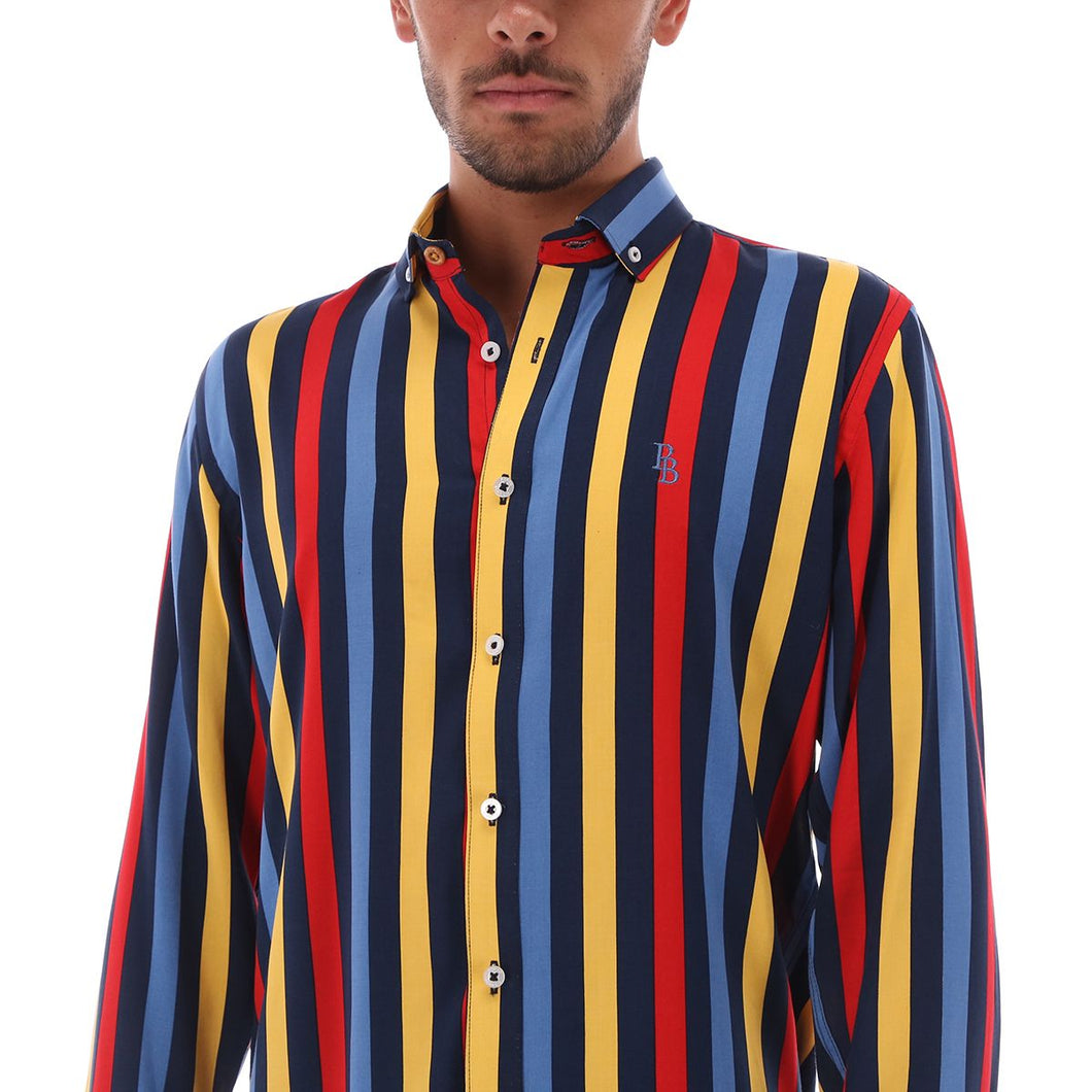 C-1847 Men's Stripes Long Sleeve Button Down Shirt Red Yellow & Blue