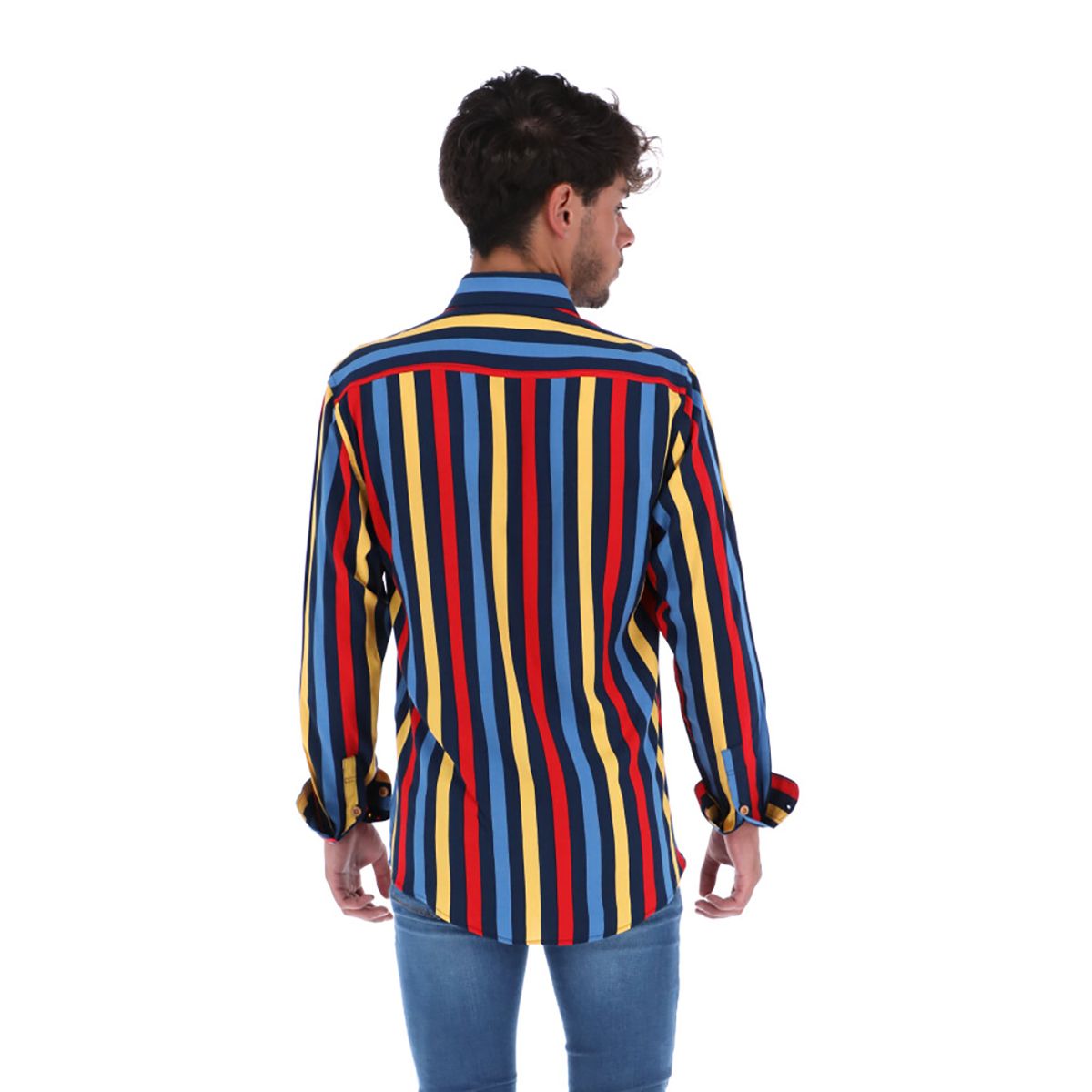 C-1847 Men's Stripes Long Sleeve Button Down Shirt Red Yellow & Blue Angelo's Men Boutique C-1847 Men's Stripes Long Sleeve Button Down Shirt Red Yellow & Blue Angelo's Men Boutique