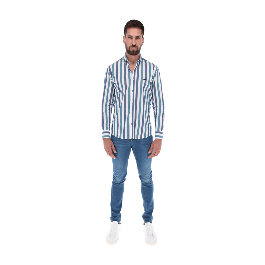 C-1869 Men's Solid Long Sleeve Button Down Shirt White Blue & Green