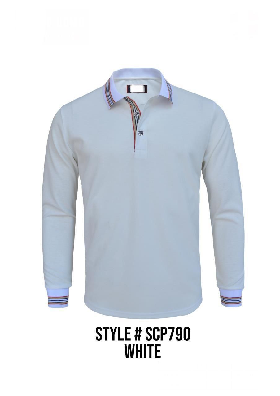 SCP790 White Luxury Long Sleeve Polo