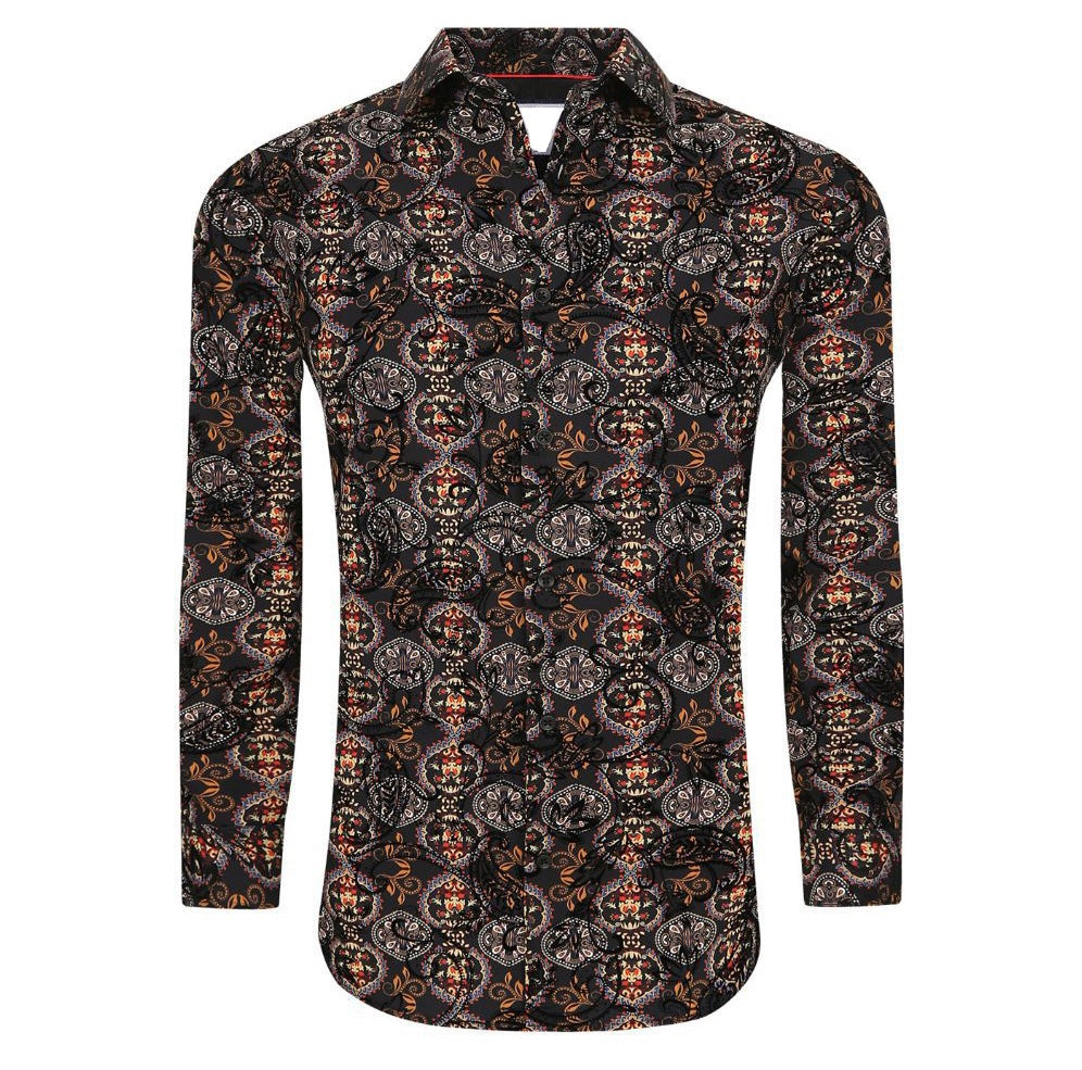 SC722-14 Black Printed Luxury Stretch fabric Long Sleeve Shirt